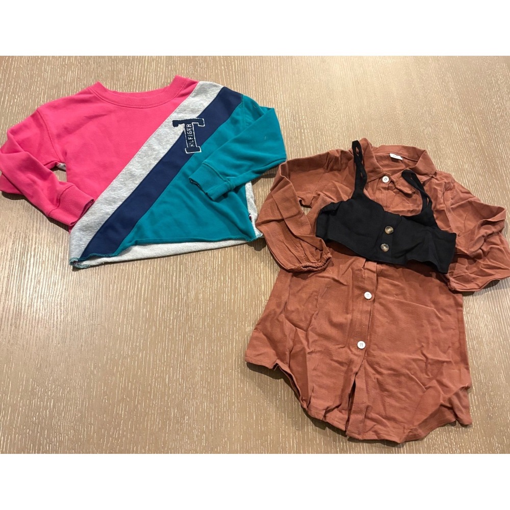 Girls 4/5 Clothing Lot 2 Pc Tommy Hilfiger Sweatshirt Brown Romper‎ Outfit EUC